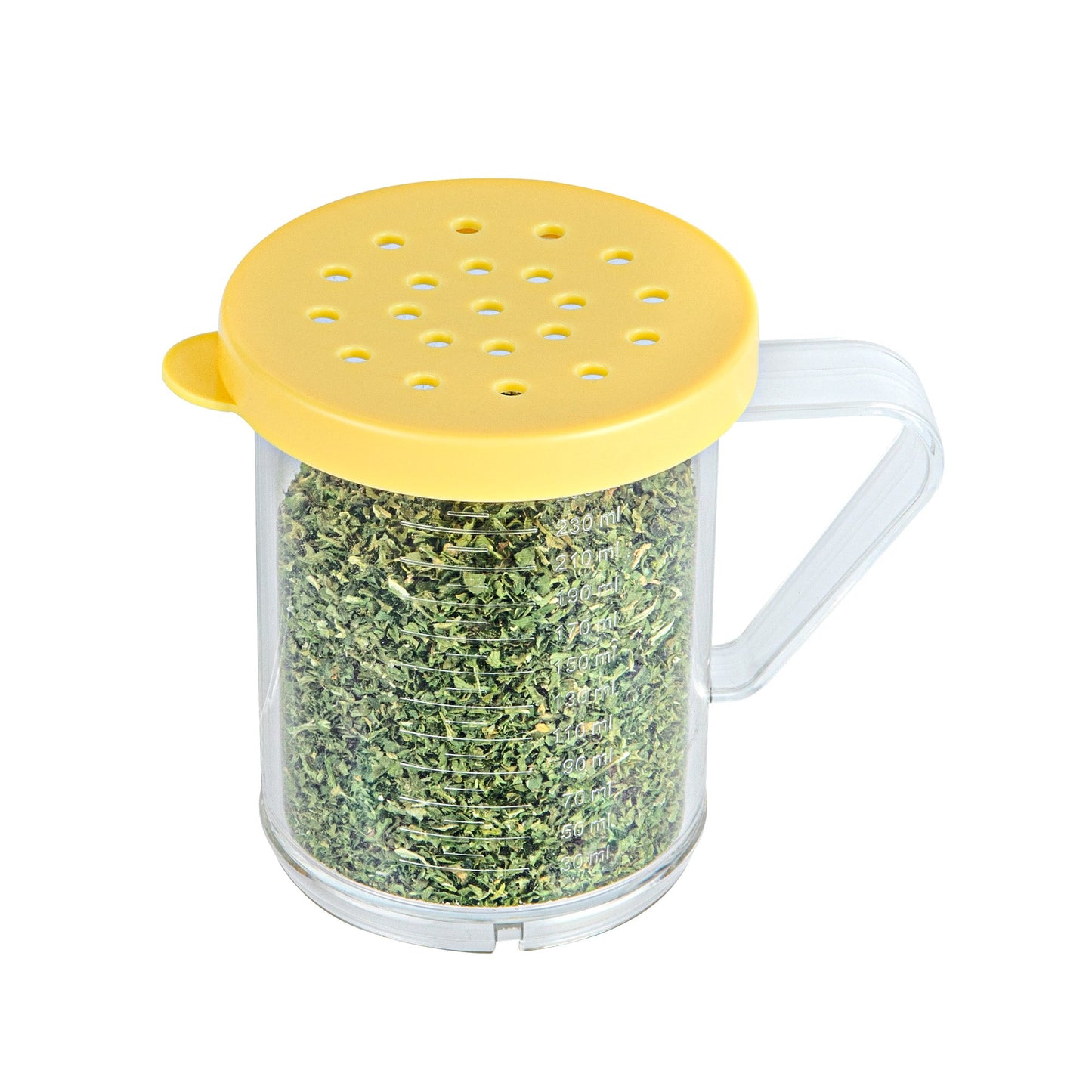 Chef 101 10 oz Clear Polycarbonate Dredge Spice Shaker - with Yellow Coarse Lid - 4 3/4" x 3 1/4" x 4" - 1 count box
