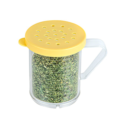 Chef 101 10 oz Clear Polycarbonate Dredge Spice Shaker - with Yellow Coarse Lid - 4 3/4" x 3 1/4" x 4" - 1 count box