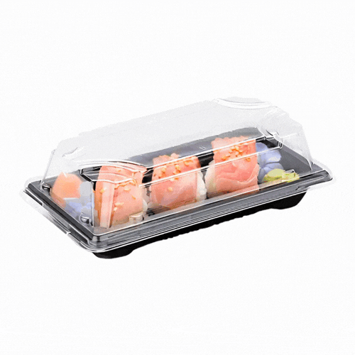 Roku Rectangle Black Plastic Small Take Out Sushi Tray - with Clear Lid - 5 1/2" x 3" x 2" - 100 count box