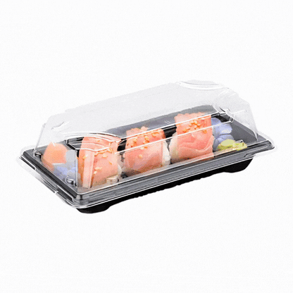 Roku Rectangle Black Plastic Small Take Out Sushi Tray - with Clear Lid - 5 1/2" x 3" x 2" - 100 count box