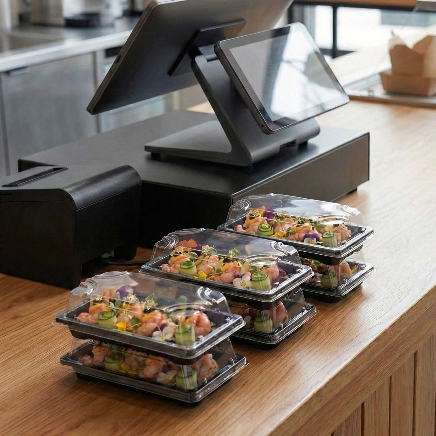 Roku Rectangle Black Plastic Small Take Out Sushi Tray - with Clear Lid - 5 1/2" x 3" x 2" - 100 count box