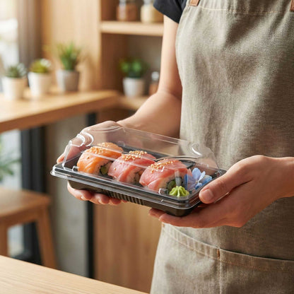 Roku Rectangle Black Plastic Small Take Out Sushi Tray - with Clear Lid - 5 1/2" x 3" x 2" - 100 count box