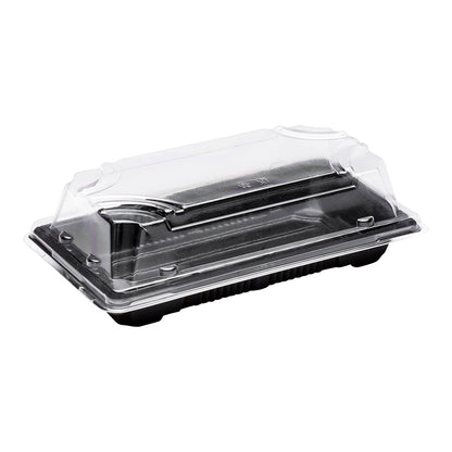 Roku Rectangle Black Plastic Medium Take Out Sushi Tray - with Clear Lid - 6 3/4" x 3 3/4" x 2" - 100 count box