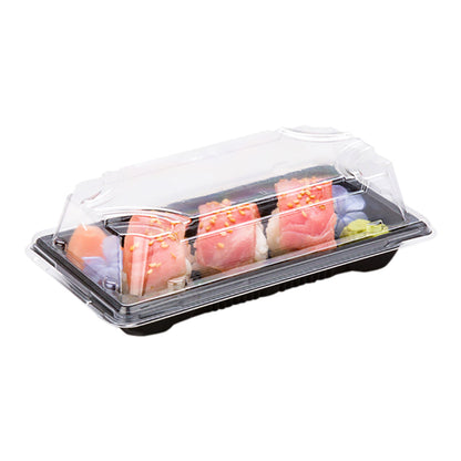 Roku Rectangle Black Plastic Medium Take Out Sushi Tray - with Clear Lid - 6 3/4" x 3 3/4" x 2" - 100 count box