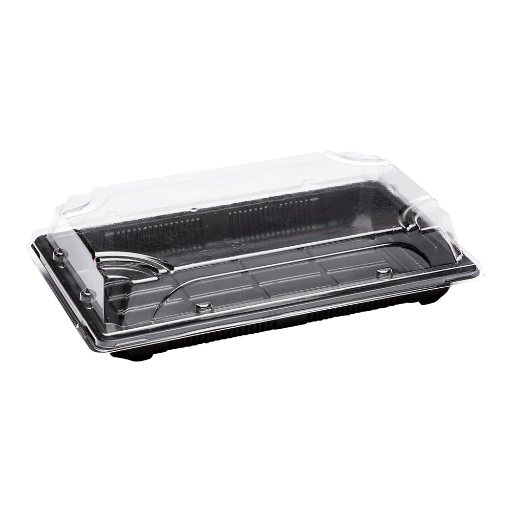 Roku Rectangle Black Plastic Large Take Out Sushi Tray - with Clear Lid - 8 3/4" x 5 1/2" x 2" - 100 count box