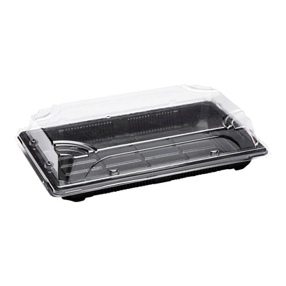 Roku Rectangle Black Plastic Large Take Out Sushi Tray - with Clear Lid - 8 3/4" x 5 1/2" x 2" - 100 count box