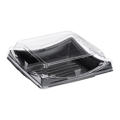 Roku Square Black Plastic Take Out Sushi Container - with Clear Lid - 7 1/4" x 7 1/4" x 2" - 100 count box