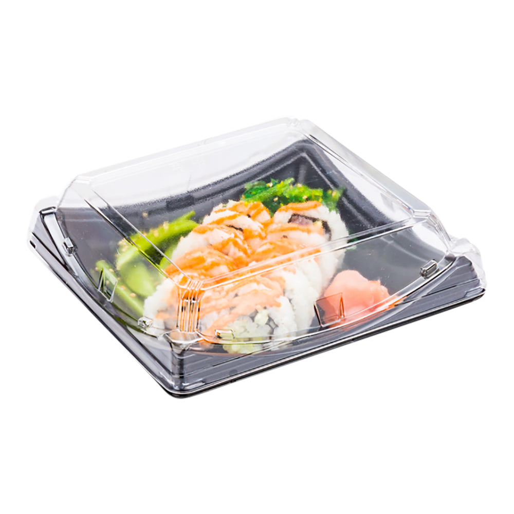 Roku Square Black Plastic Take Out Sushi Container - with Clear Lid - 7 1/4" x 7 1/4" x 2" - 100 count box