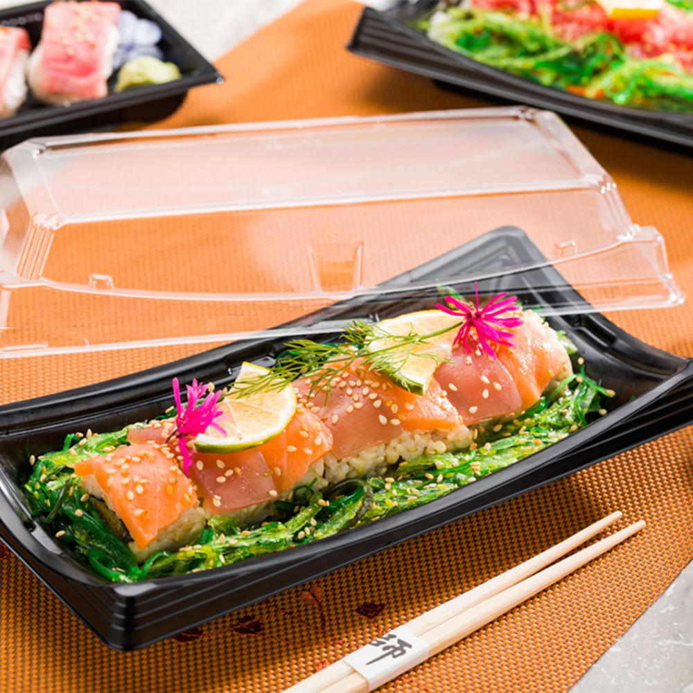 Roku Black Plastic Long Take Out Sushi Container - with Clear Lid - 9 3/4" x 4 3/4" x 2" - 100 count box