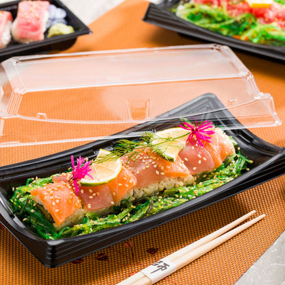 Roku Black Plastic Long Take Out Sushi Container - with Clear Lid - 9 3/4" x 4 3/4" x 2" - 100 count box