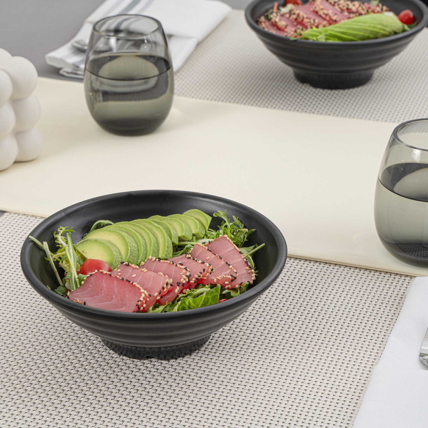 Voga 27 oz Round Black Melamine Large Bowl - Japonais, Faux Stone - 7 3/4" x 7 3/4" x 3" - 2 count box