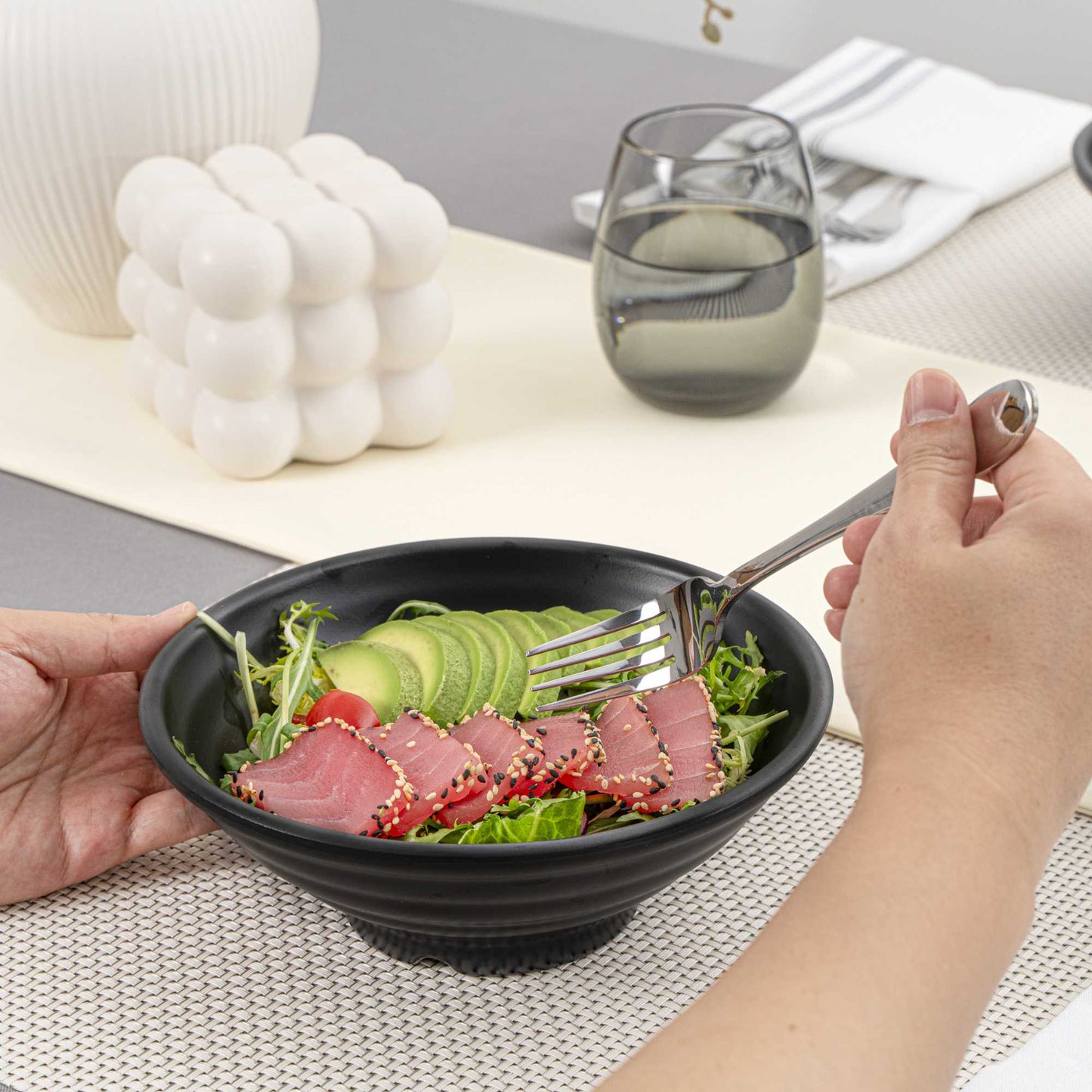Voga 27 oz Round Black Melamine Large Bowl - Japonais, Faux Stone - 7 3/4" x 7 3/4" x 3" - 2 count box