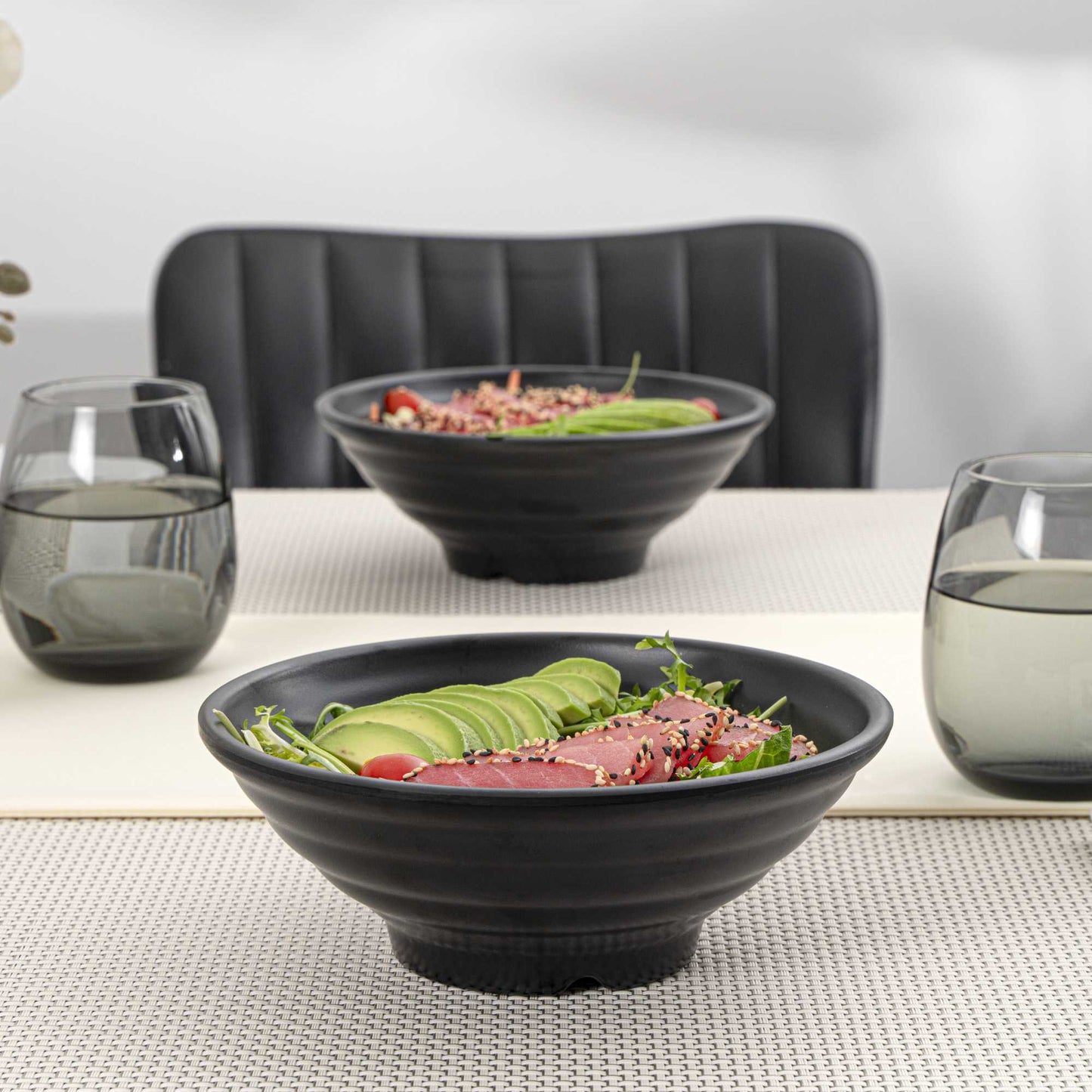 Voga 27 oz Round Black Melamine Large Bowl - Japonais, Faux Stone - 7 3/4" x 7 3/4" x 3" - 2 count box