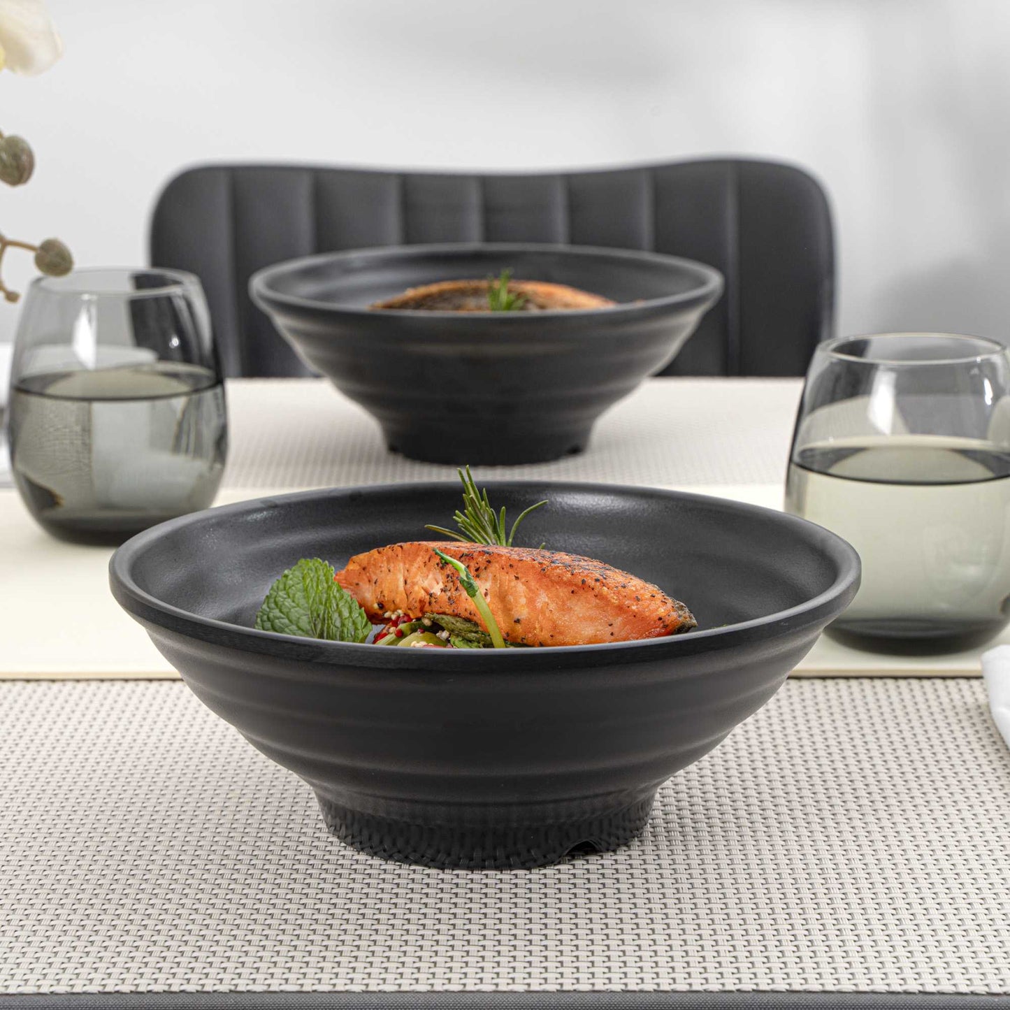 Voga 42 oz Round Black Melamine Extra Large Bowl - Japonais, Faux Stone - 8 3/4" x 8 3/4" x 3 1/4" - 2 count box