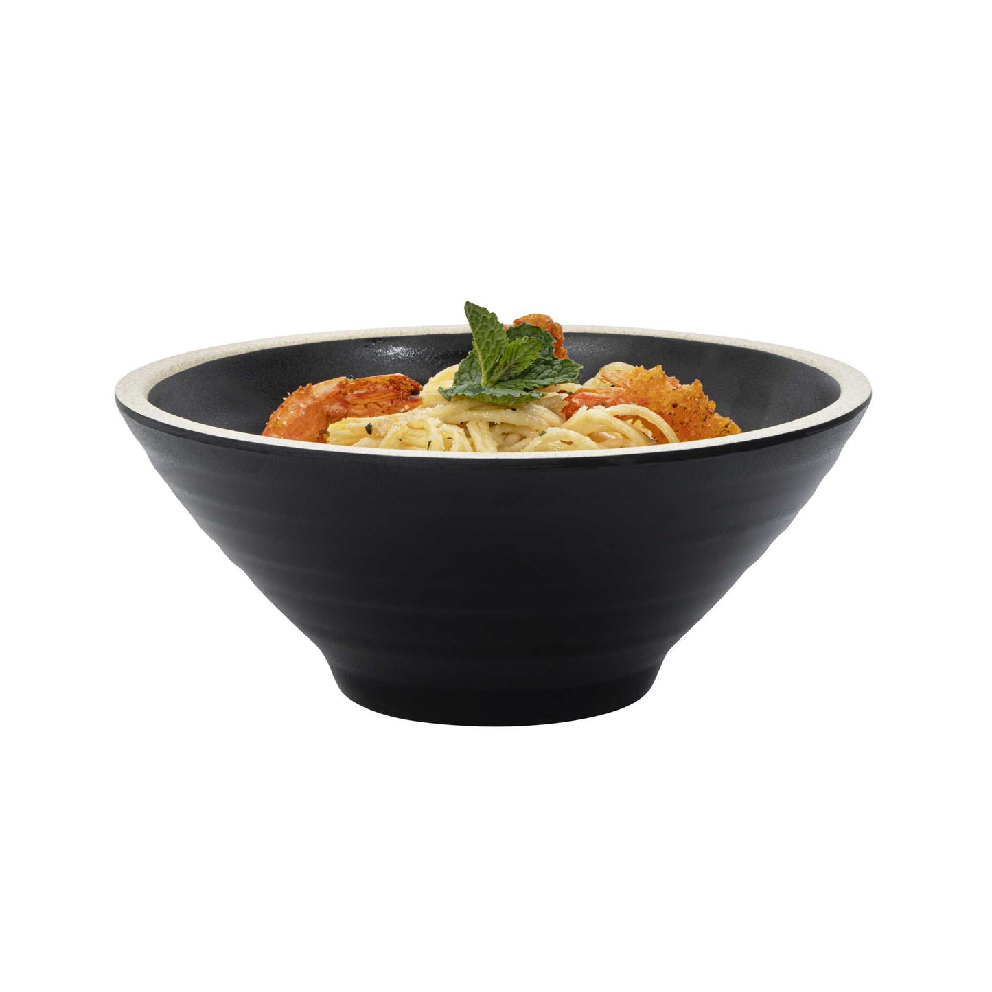 Voga 53 oz Black Melamine Rippled Bowl - Japonais, Faux Granite Rim - 7 1/4" x 7 1/4" x 3" - 2 count box
