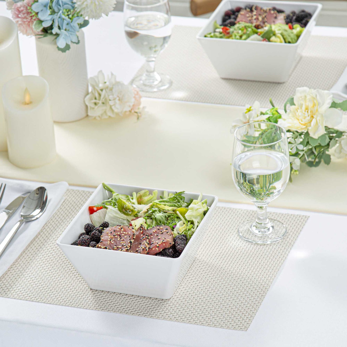 Voga 45 oz Square White Melamine Serving Bowl - Classic - 7" x 7" x 3 1/4" - 10 count box
