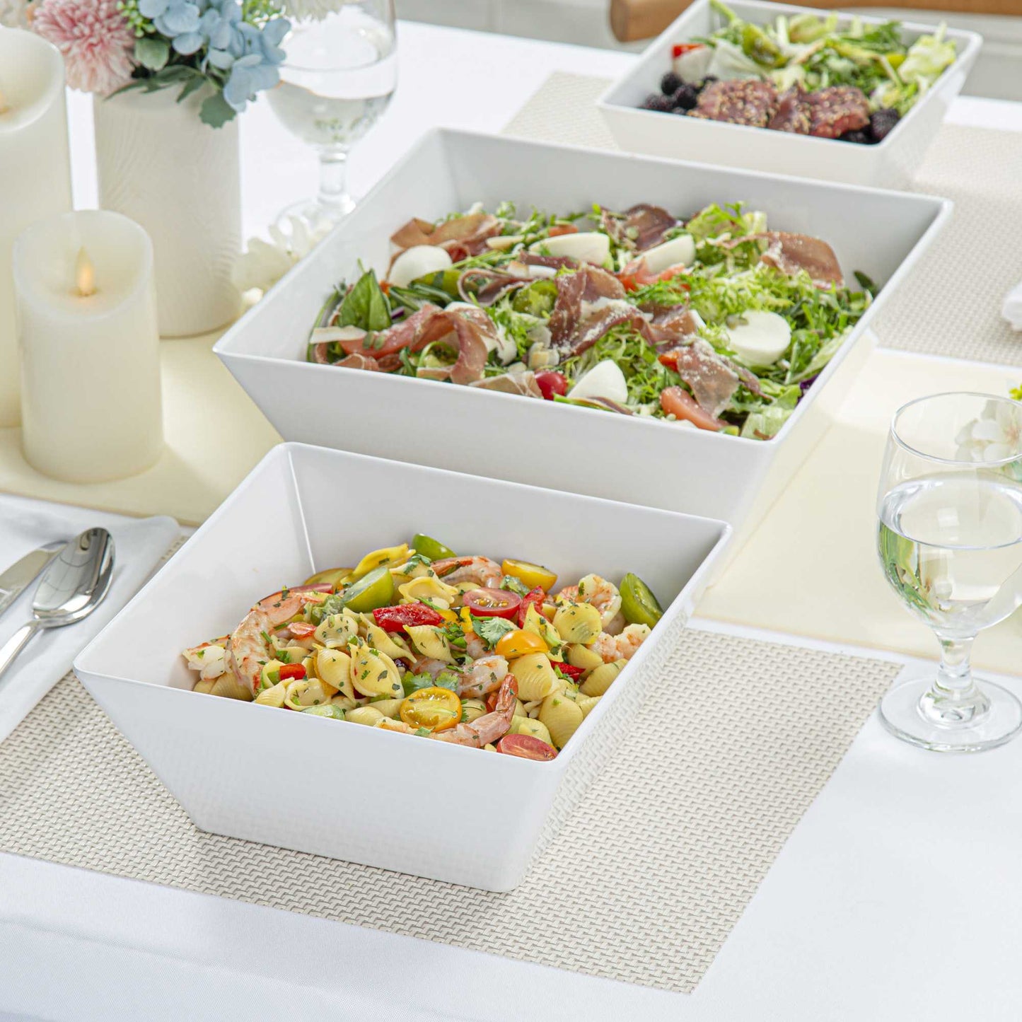 Voga 96 oz Square White Melamine Serving Bowl - Classic - 9 1/2" x 9 1/2" x 4" - 6 count box