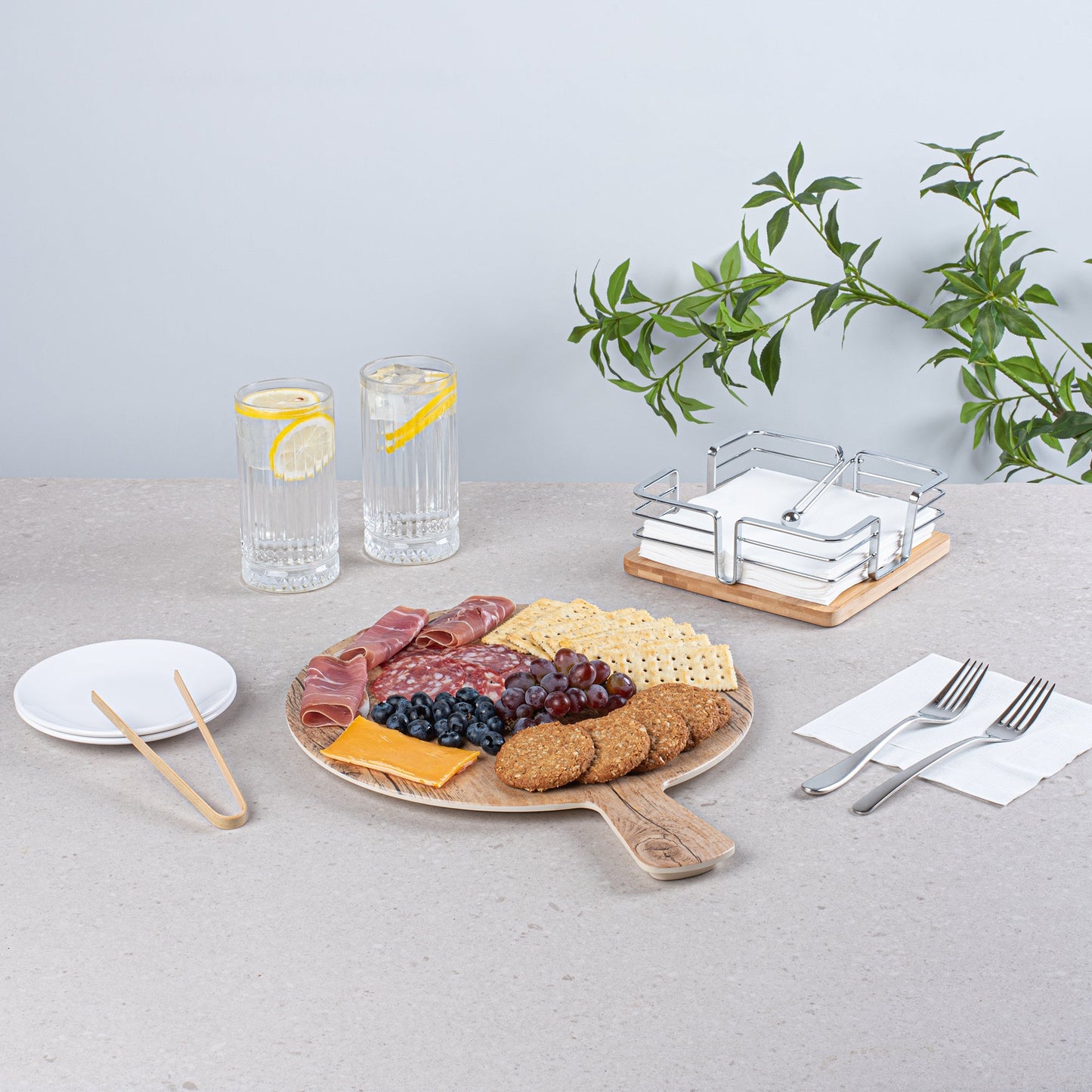 Voga Countryside Round Brown Melamine Serving Board - Faux Wood, with Handle - 16 1/2" x 12 1/2" x 1/2" - 1 count box