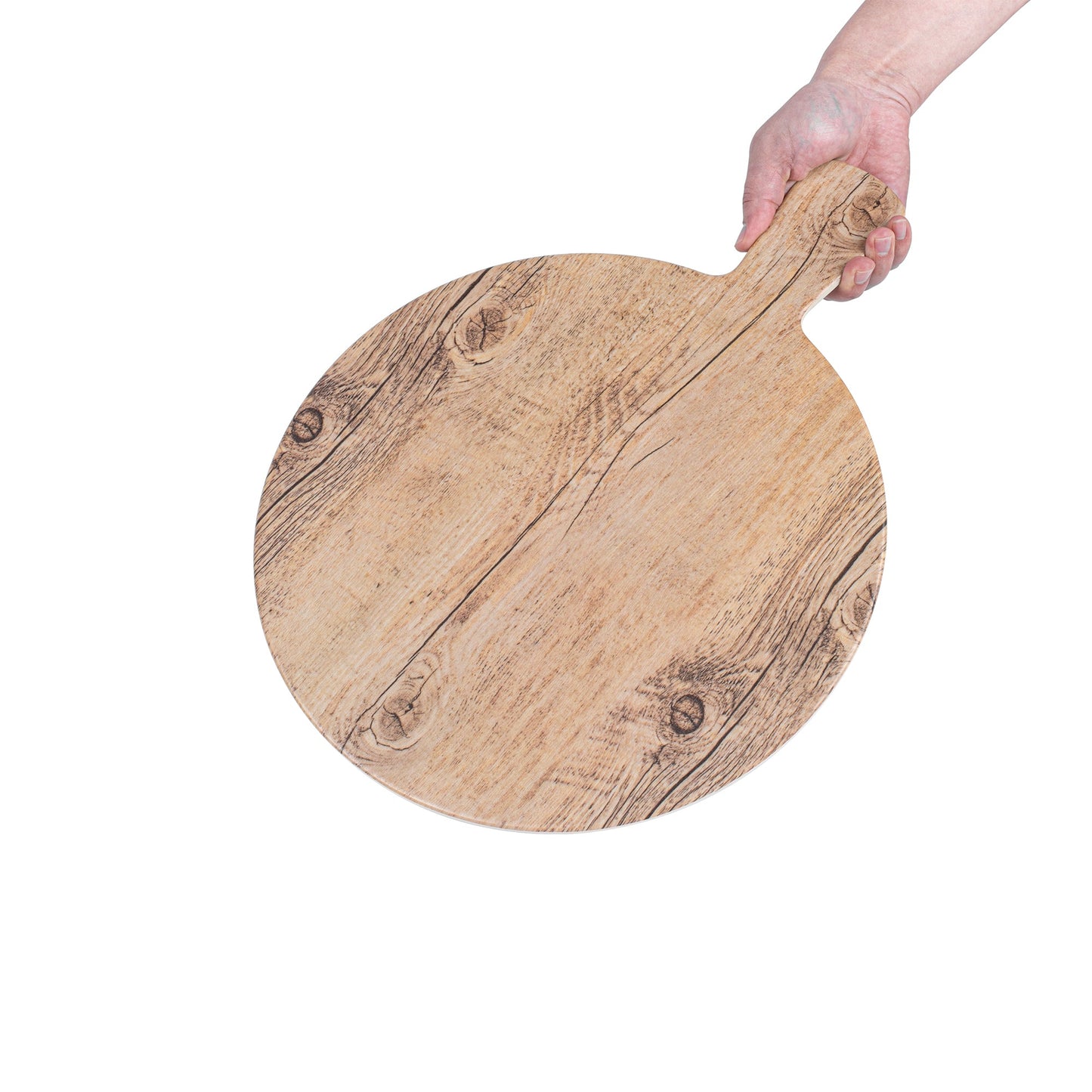 Voga Countryside Round Brown Melamine Serving Board - Faux Wood, with Handle - 16 1/2" x 12 1/2" x 1/2" - 1 count box