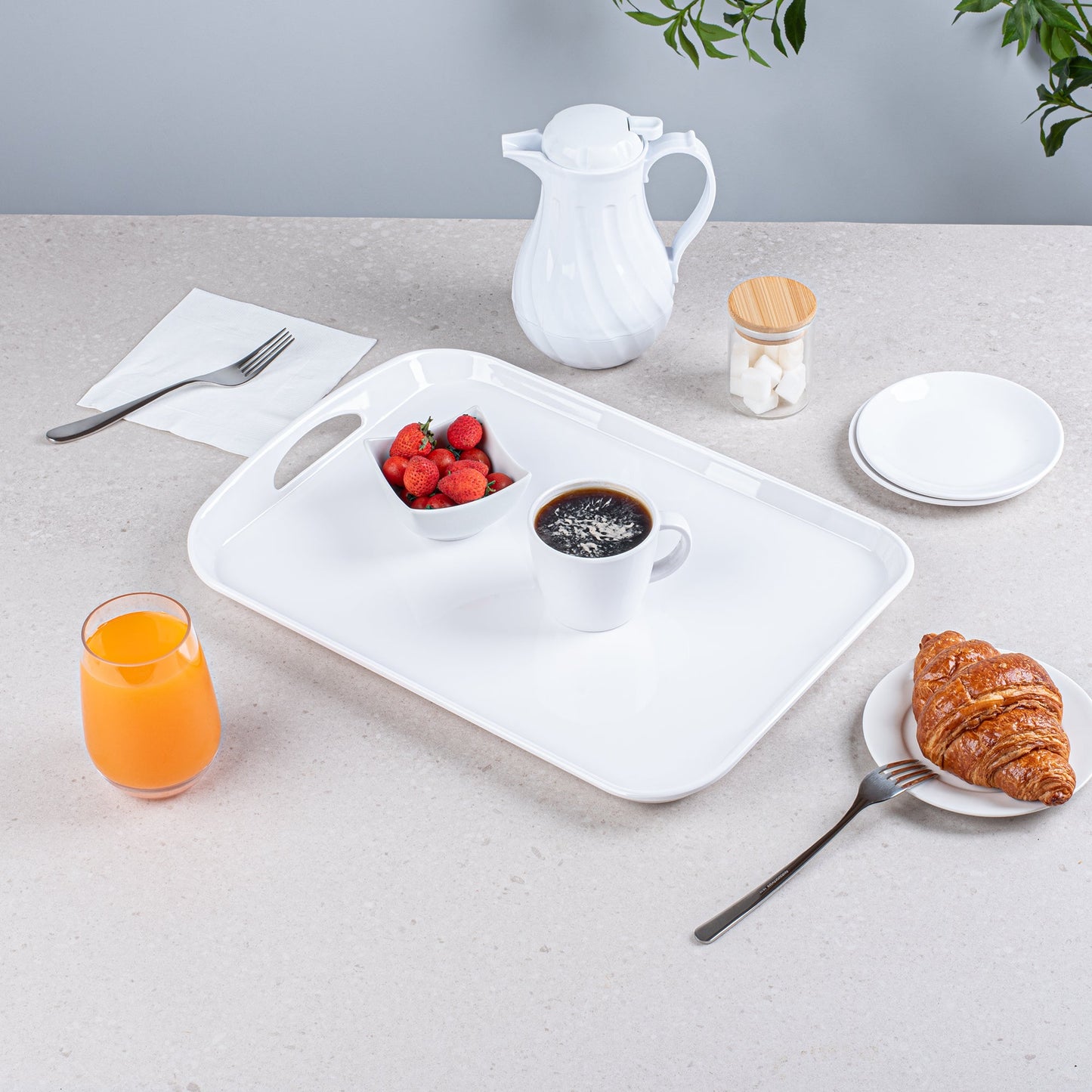Voga Rectangle White Melamine Serving Tray - with Handles - 18" x 12 1/2" x 1 3/4" - 1 count box