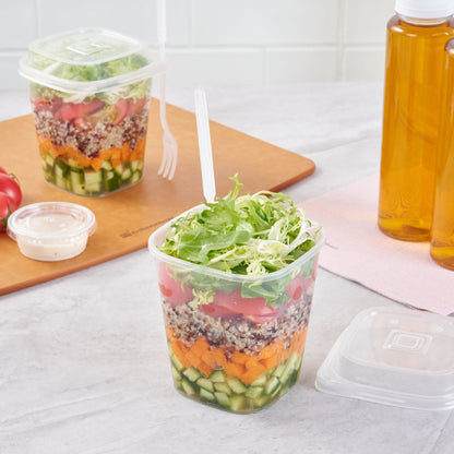 Asporto 17 oz Clear Plastic Salad To Go Cup - with Clear Lid and Fork - 3 1/2" x 3 1/2" x 4" - 100 count box