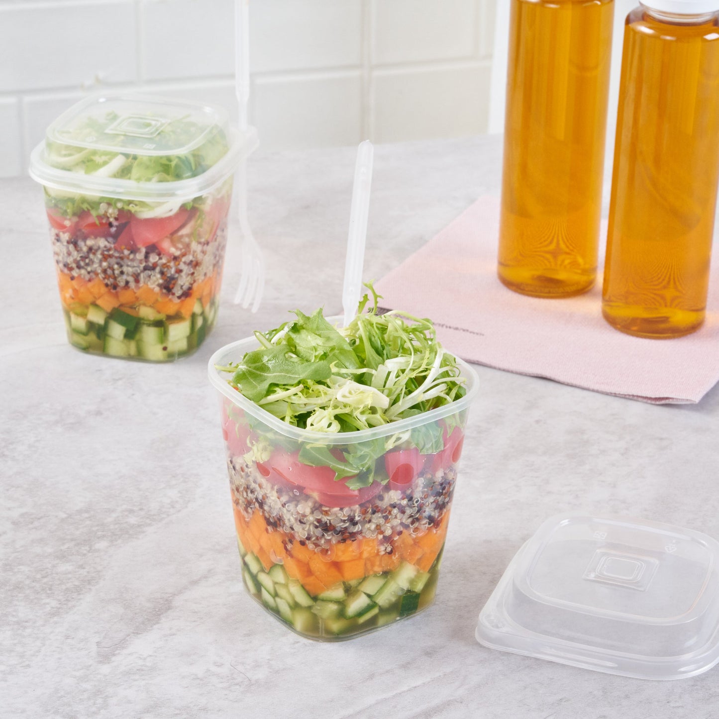 Asporto 17 oz Clear Plastic Salad To Go Cup - with Clear Lid and Fork - 3 1/2" x 3 1/2" x 4" - 100 count box