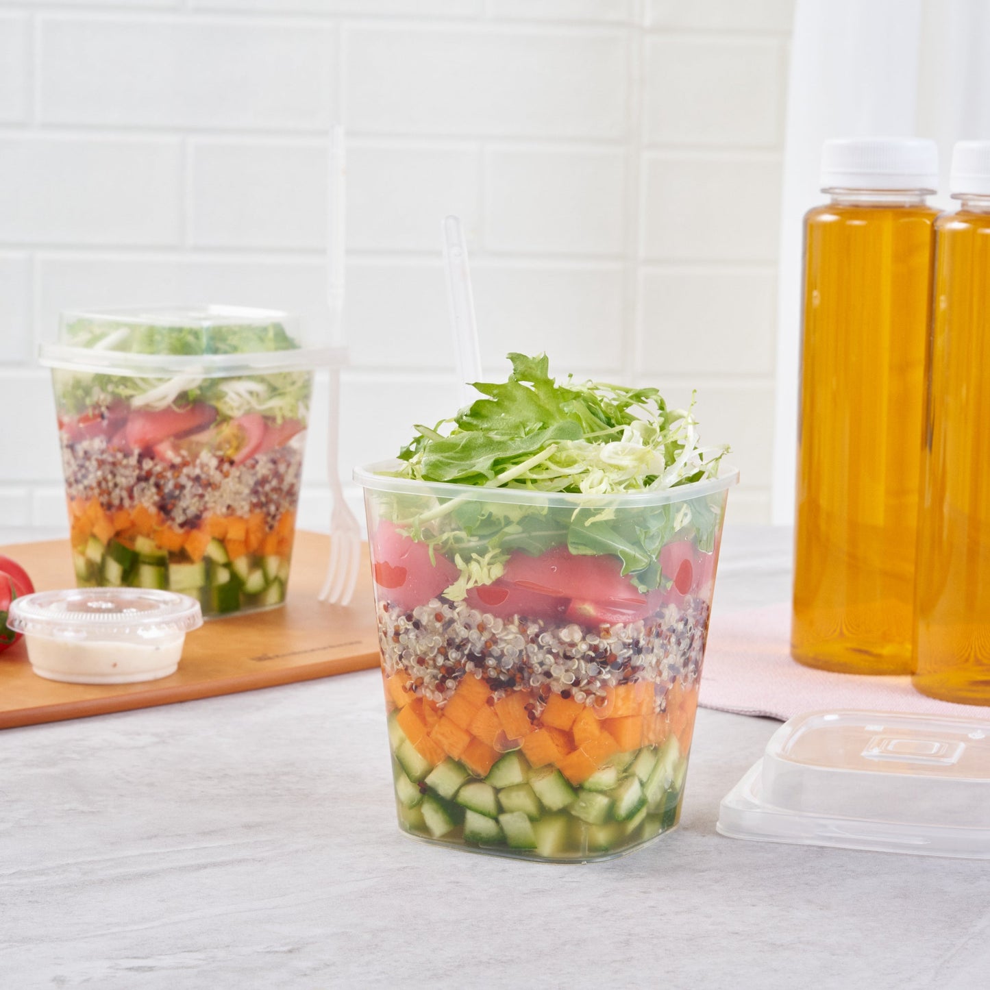 Asporto 17 oz Clear Plastic Salad To Go Cup - with Clear Lid and Fork - 3 1/2" x 3 1/2" x 4" - 100 count box
