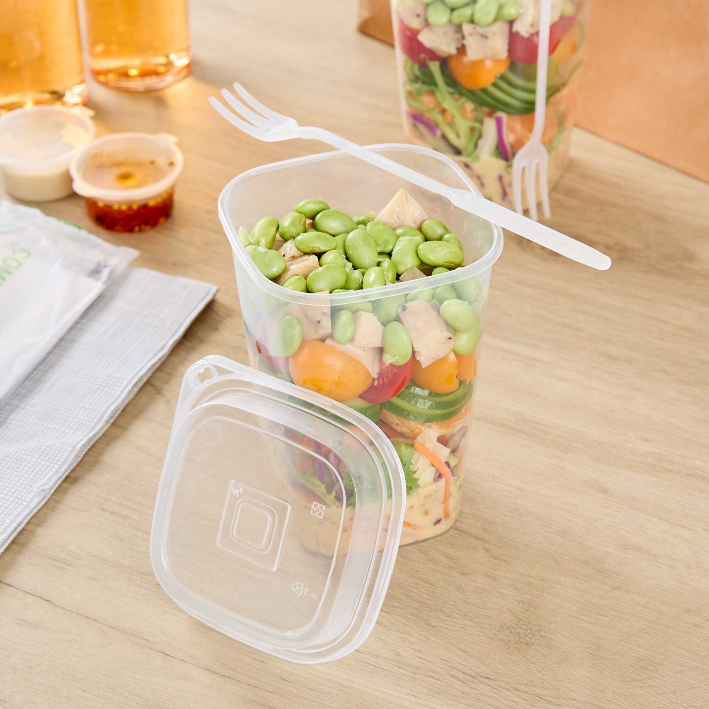 Asporto 24 oz Clear Plastic Salad To Go Cup - with Clear Lid and Fork - 2 3/4" x 2 3/4" x 5 3/4" - 100 count box