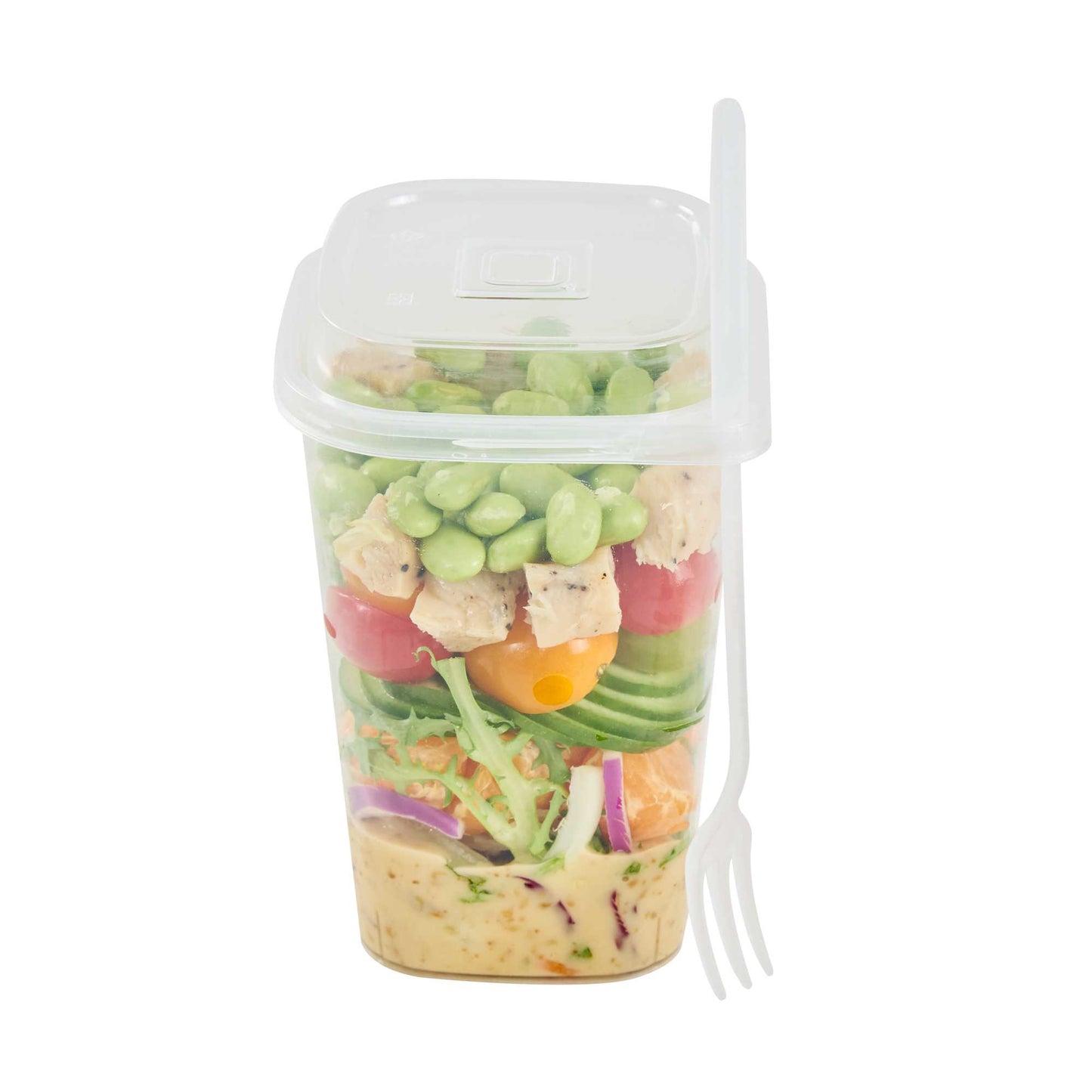 Asporto 24 oz Clear Plastic Salad To Go Cup - with Clear Lid and Fork - 2 3/4" x 2 3/4" x 5 3/4" - 100 count box