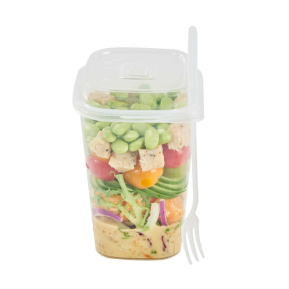 Asporto 24 oz Clear Plastic Salad To Go Cup - with Clear Lid and Fork - 2 3/4" x 2 3/4" x 5 3/4" - 100 count box
