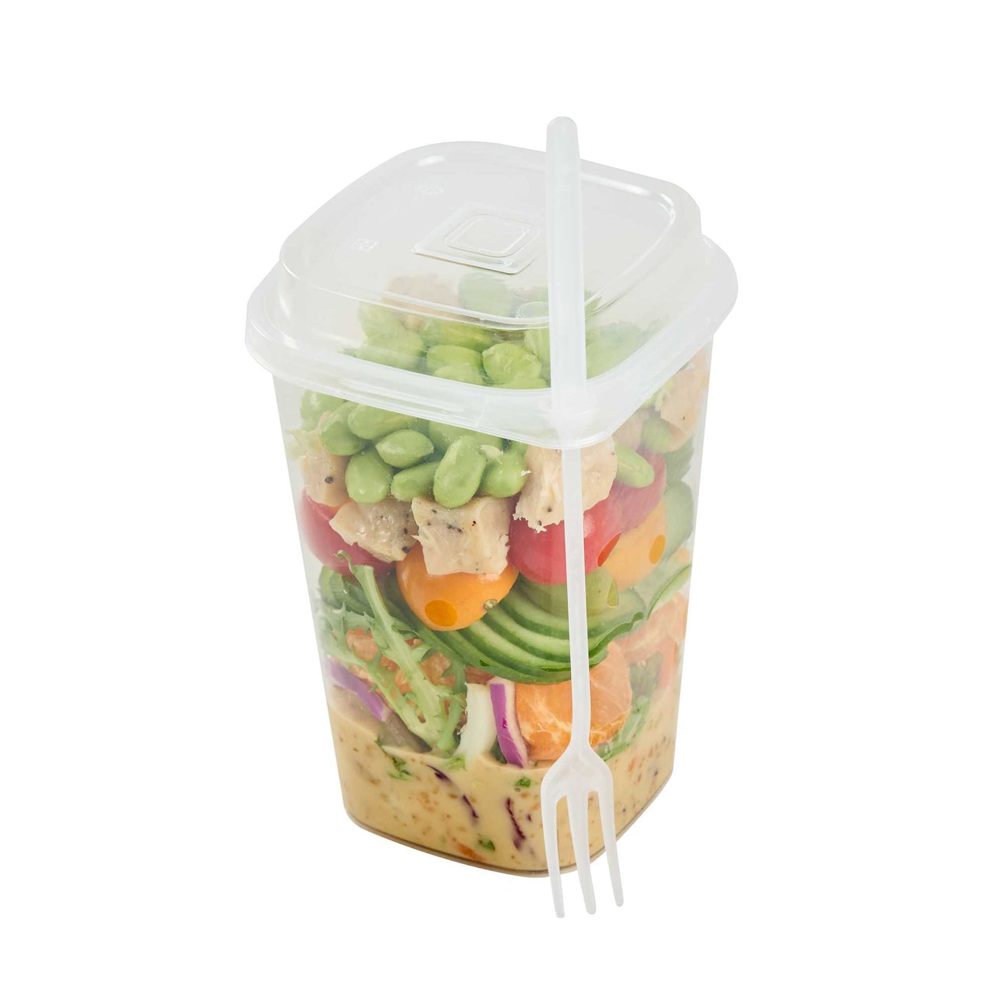 Asporto 24 oz Clear Plastic Salad To Go Cup - with Clear Lid and Fork - 2 3/4" x 2 3/4" x 5 3/4" - 100 count box