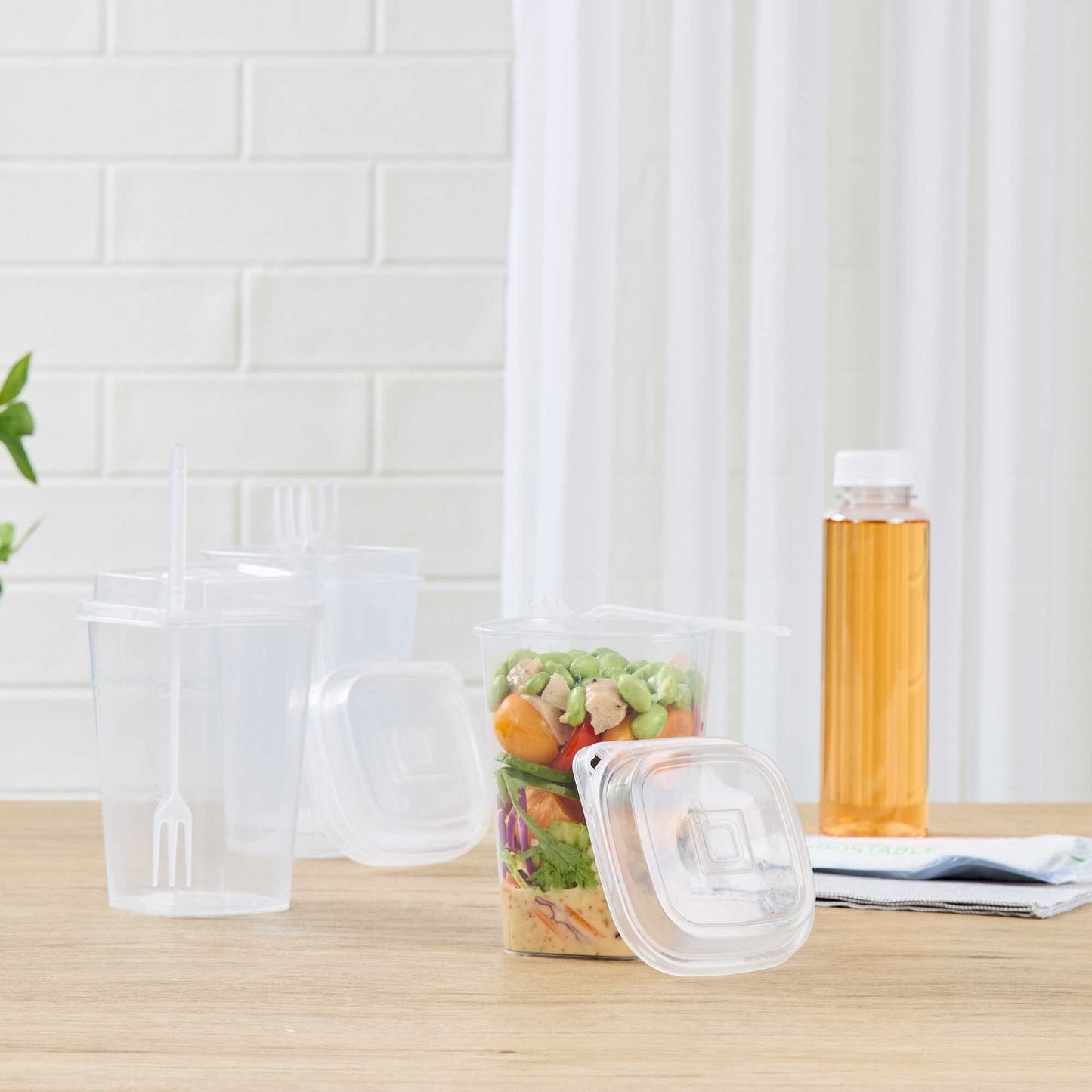 Asporto 24 oz Clear Plastic Salad To Go Cup - with Clear Lid and Fork - 2 3/4" x 2 3/4" x 5 3/4" - 100 count box