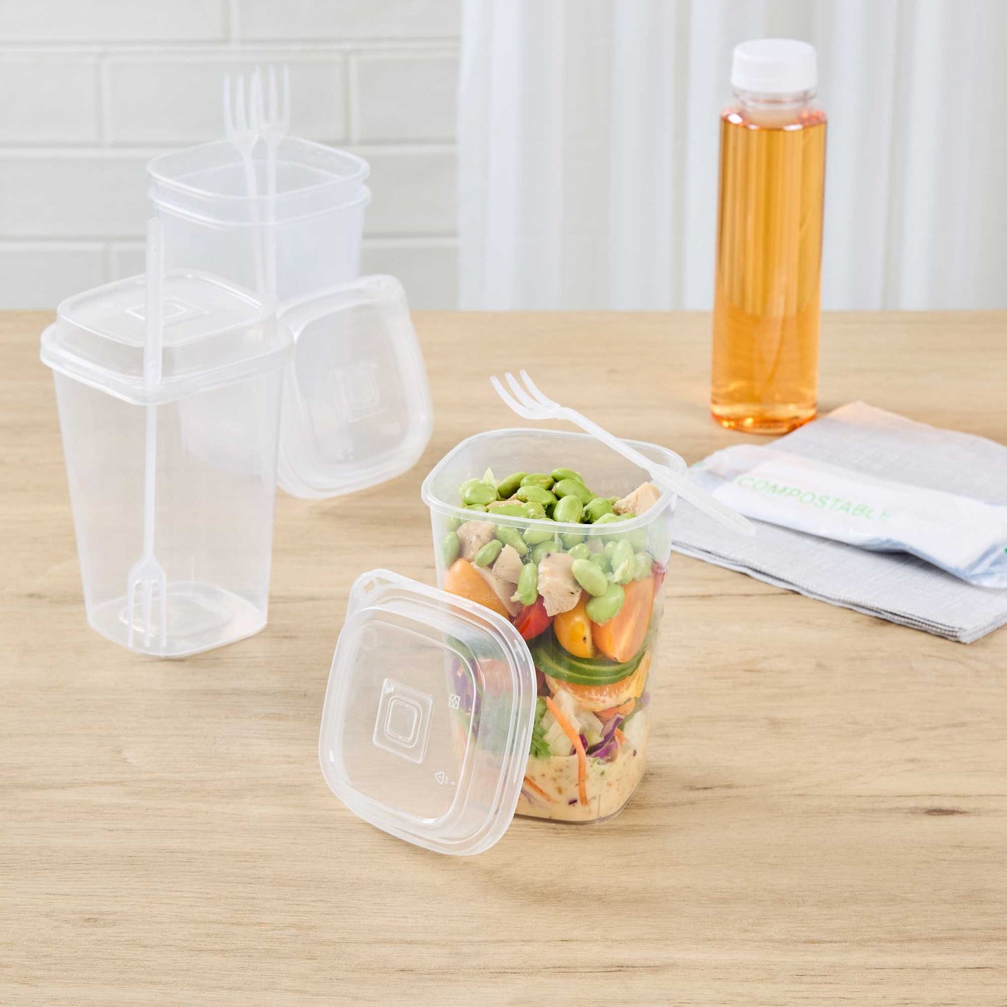 Asporto 24 oz Clear Plastic Salad To Go Cup - with Clear Lid and Fork - 2 3/4" x 2 3/4" x 5 3/4" - 100 count box