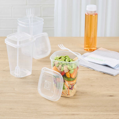 Asporto 24 oz Clear Plastic Salad To Go Cup - with Clear Lid and Fork - 2 3/4" x 2 3/4" x 5 3/4" - 100 count box