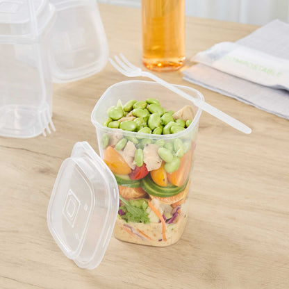 Asporto 24 oz Clear Plastic Salad To Go Cup - with Clear Lid and Fork - 2 3/4" x 2 3/4" x 5 3/4" - 100 count box