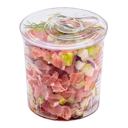 Mini Serve 4 oz Round Clear Plastic Tin Can - with Lid - 2 1/2" x 2 1/2" x 2 3/4" - 20 count box