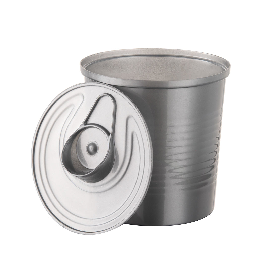 Mini Serve 4 oz Round Silver Plastic Tin Can - with Lid - 2 1/2" x 2 1/2" x 2 3/4" - 20 count box