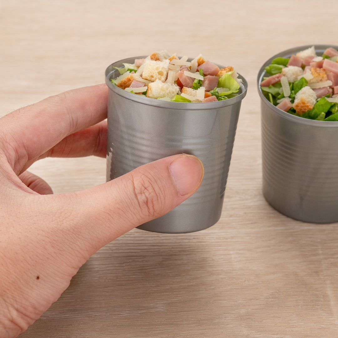 Mini Serve 4 oz Round Silver Plastic Tin Can - with Lid - 2 1/2" x 2 1/2" x 2 3/4" - 20 count box