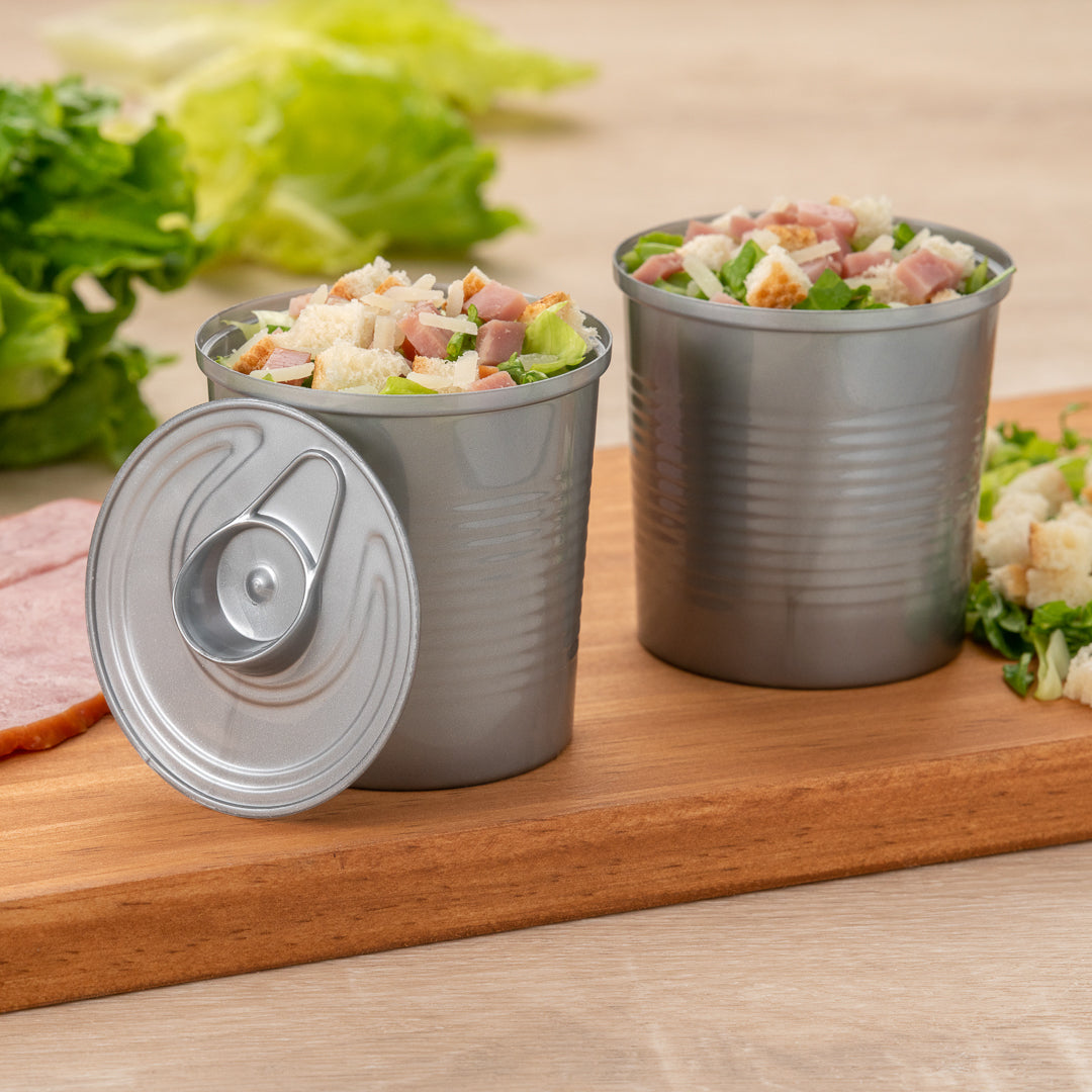 Mini Serve 4 oz Round Silver Plastic Tin Can - with Lid - 2 1/2" x 2 1/2" x 2 3/4" - 100 count box