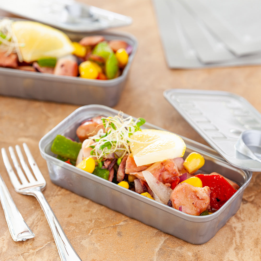 Mini Serve 2 oz Rectangle Silver Plastic Tin Can - with Lid - 4" x 2" x 1" - 20 count box