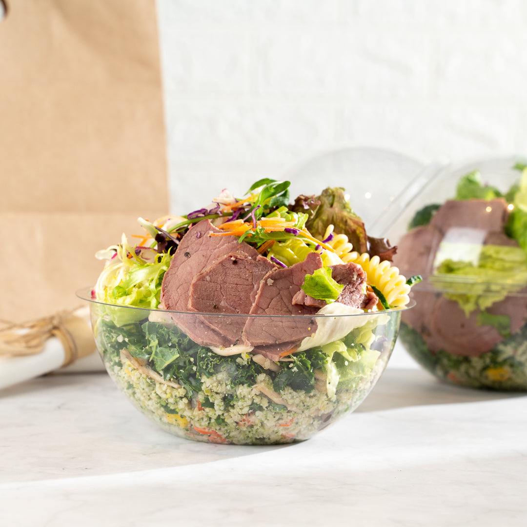 Thermo Tek 28 oz Clear Plastic Sphere Salad Container - with Dome Lid - 6 1/2" x 6 1/2" x 5 1/2" - 50 count box