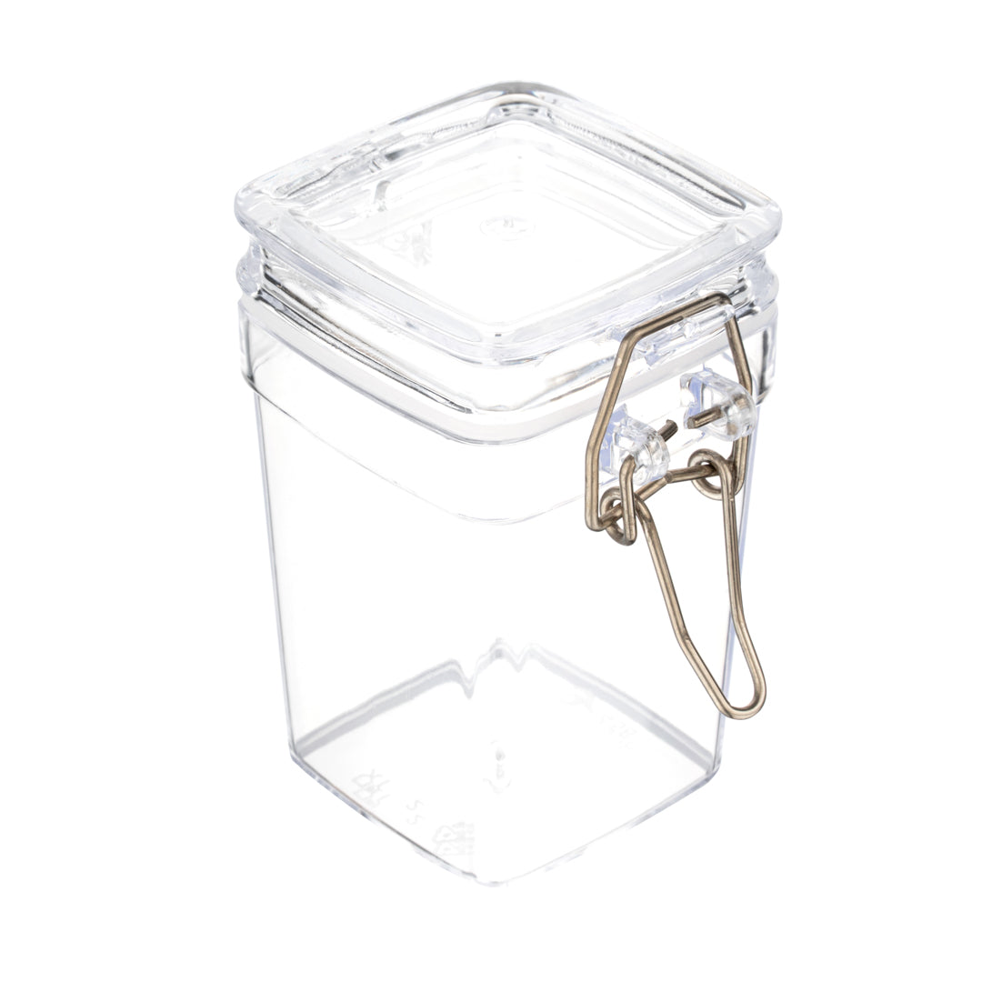 Mini Serve 3 oz Square Clear Plastic Nostalgic Mason Jar - with Clamp Lid - 2 1/2" x 2" x 3" - 100 count box