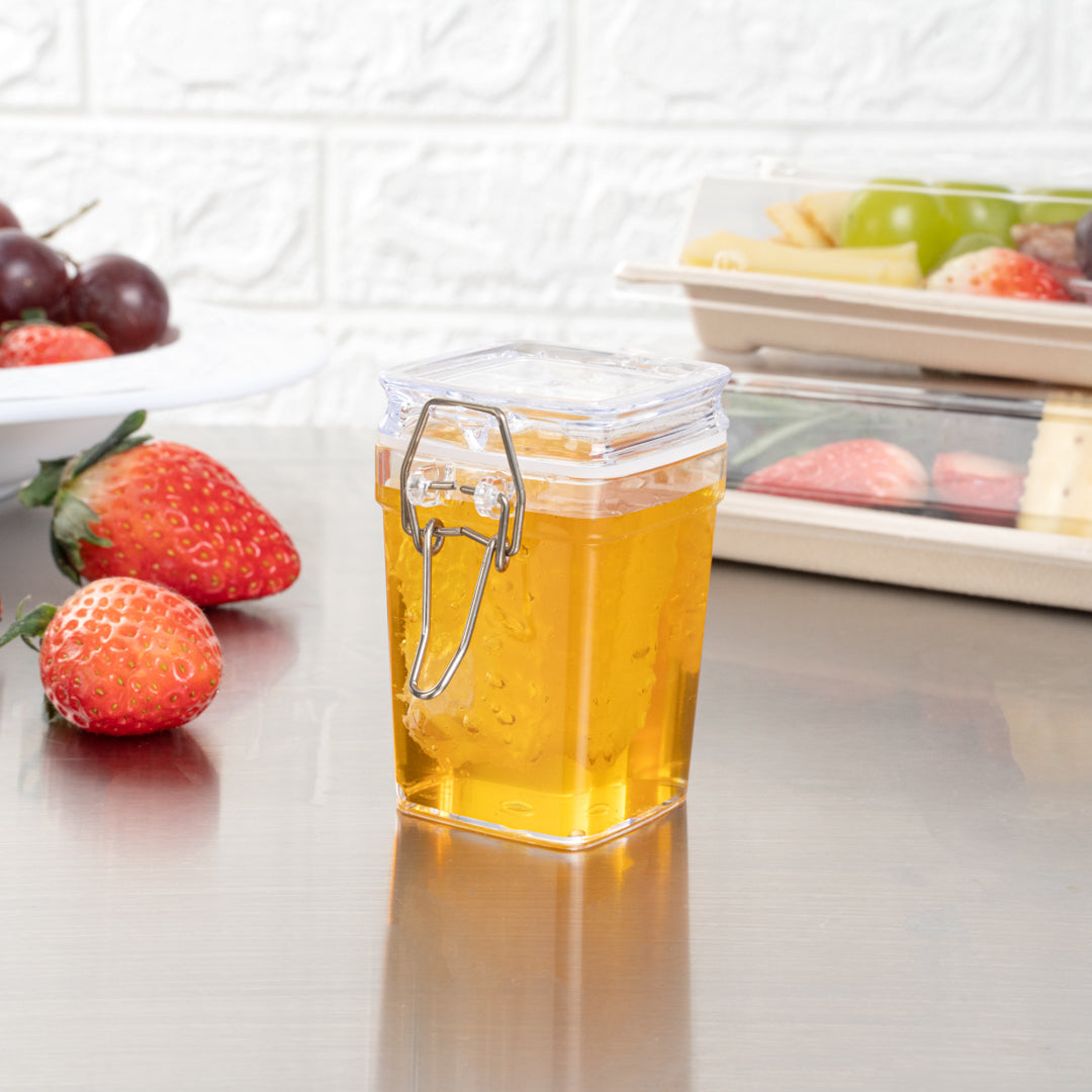 Mini Serve 3 oz Square Clear Plastic Nostalgic Mason Jar - with Clamp Lid - 2 1/2" x 2" x 3" - 10 count box