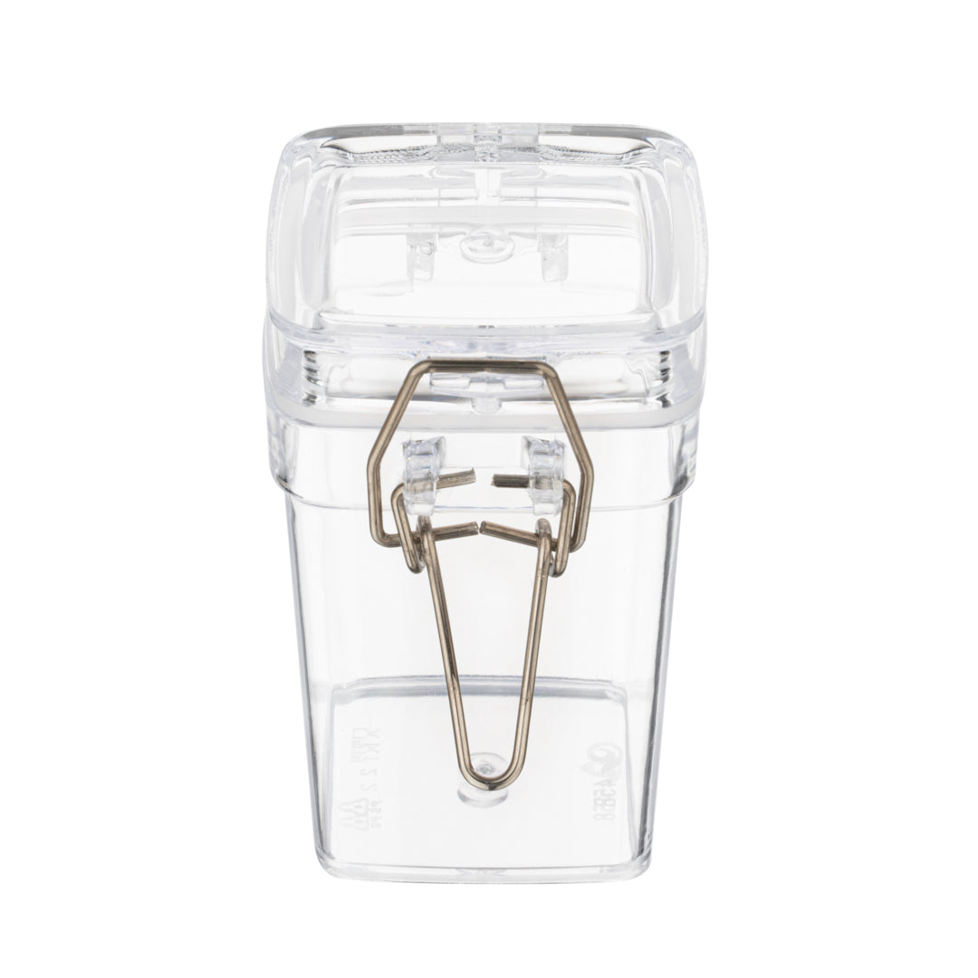 Mini Serve 3 oz Square Clear Plastic Nostalgic Mason Jar - with Clamp Lid - 2 1/2" x 2" x 3" - 10 count box