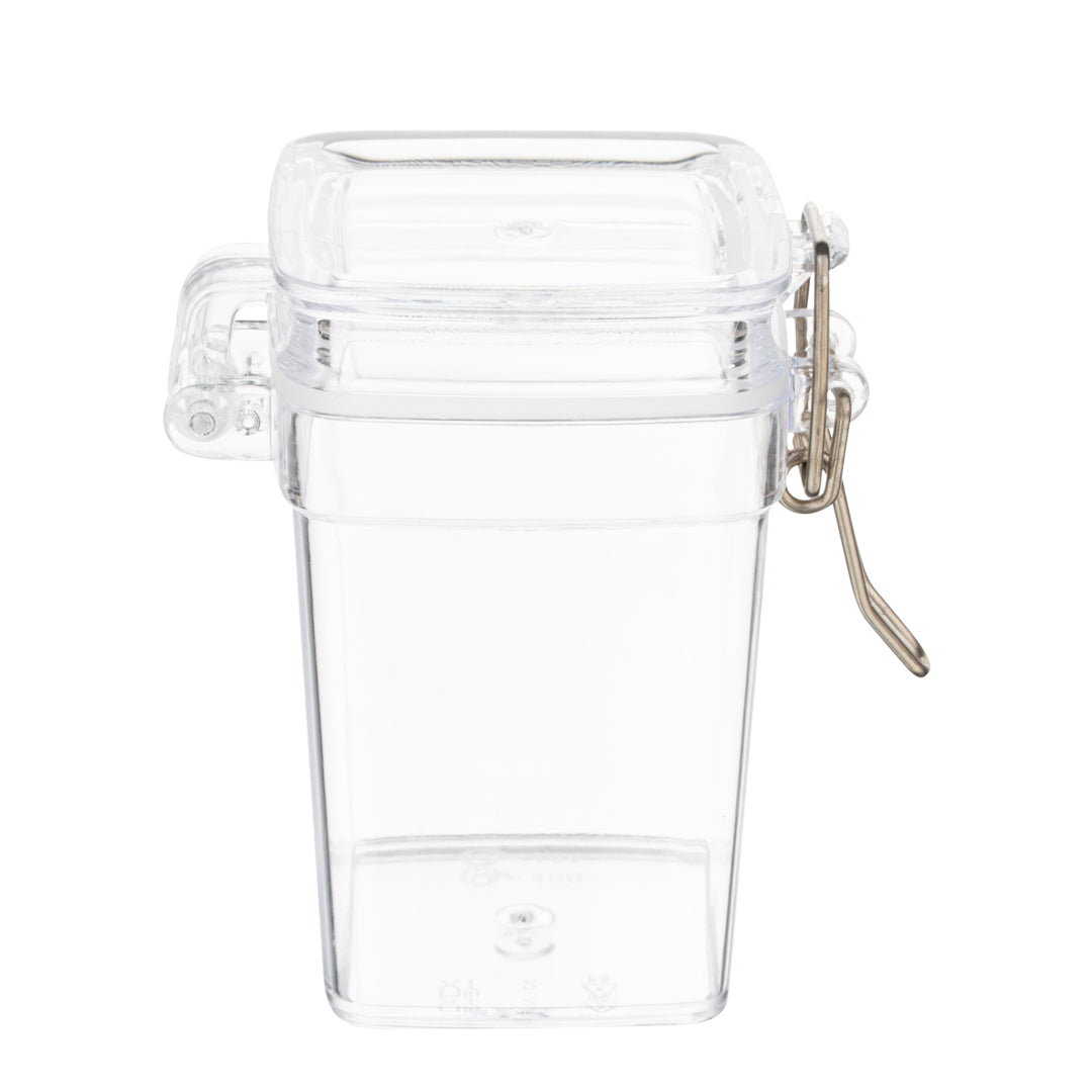 Mini Serve 3 oz Square Clear Plastic Nostalgic Mason Jar - with Clamp Lid - 2 1/2" x 2" x 3" - 10 count box