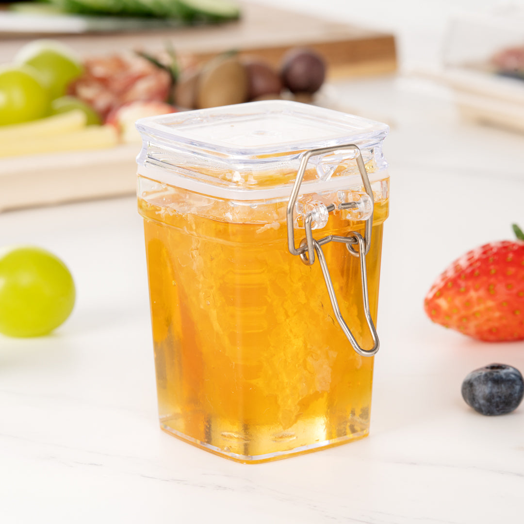 Mini Serve 3 oz Square Clear Plastic Nostalgic Mason Jar - with Clamp Lid - 2 1/2" x 2" x 3" - 10 count box