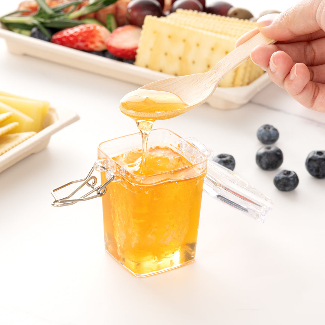 Mini Serve 3 oz Square Clear Plastic Nostalgic Mason Jar - with Clamp Lid - 2 1/2" x 2" x 3" - 10 count box