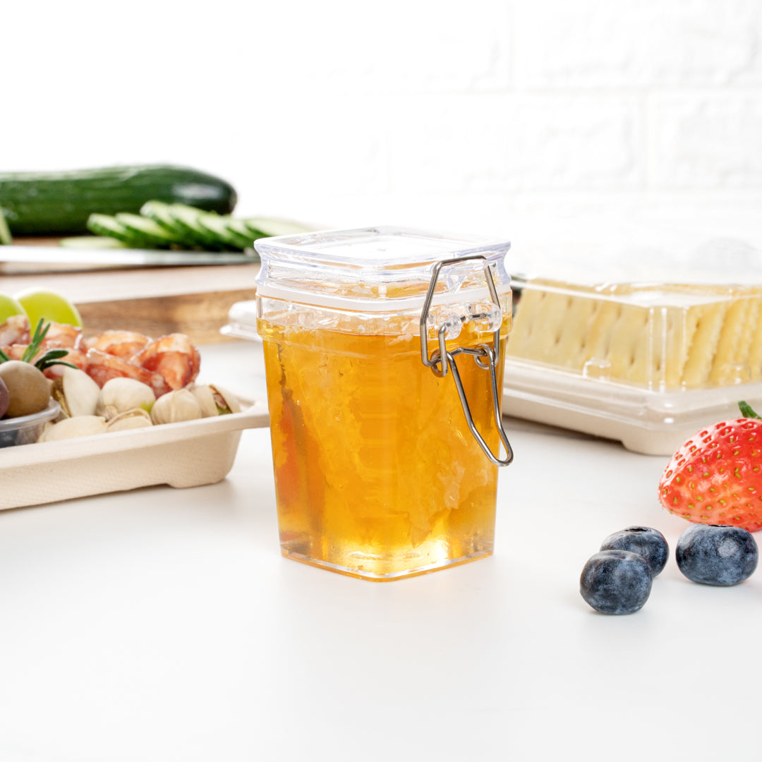 Mini Serve 3 oz Square Clear Plastic Nostalgic Mason Jar - with Clamp Lid - 2 1/2" x 2" x 3" - 10 count box
