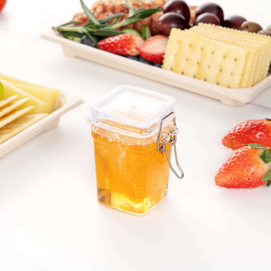 Mini Serve 3 oz Square Clear Plastic Nostalgic Mason Jar - with Clamp Lid - 2 1/2" x 2" x 3" - 10 count box