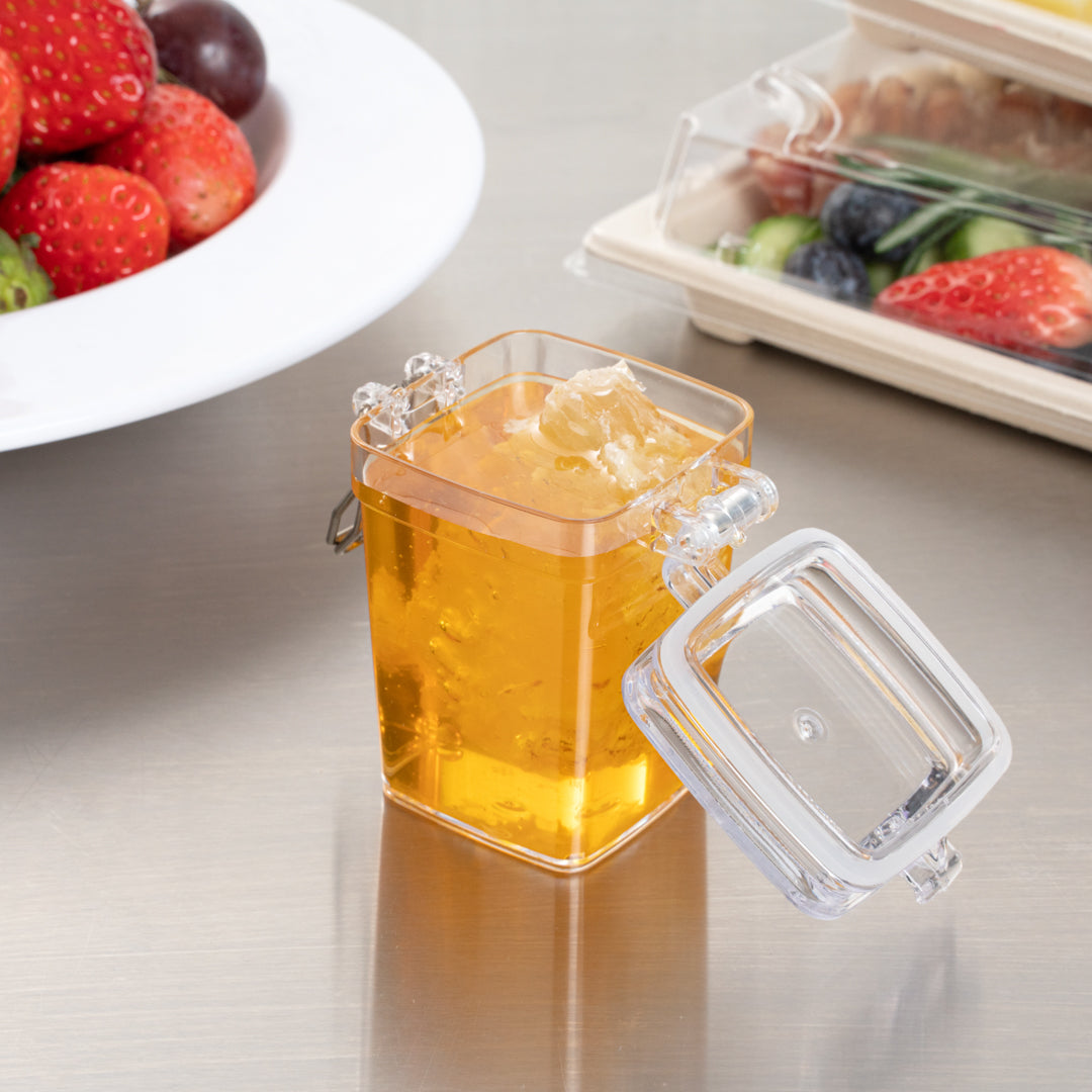 Mini Serve 3 oz Square Clear Plastic Nostalgic Mason Jar - with Clamp Lid - 2 1/2" x 2" x 3" - 100 count box